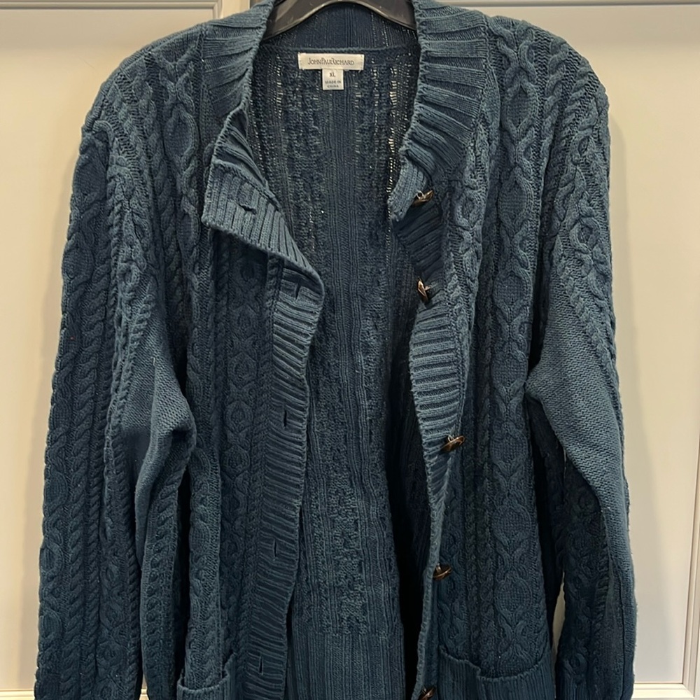 Navy crocheted sweater with buttons